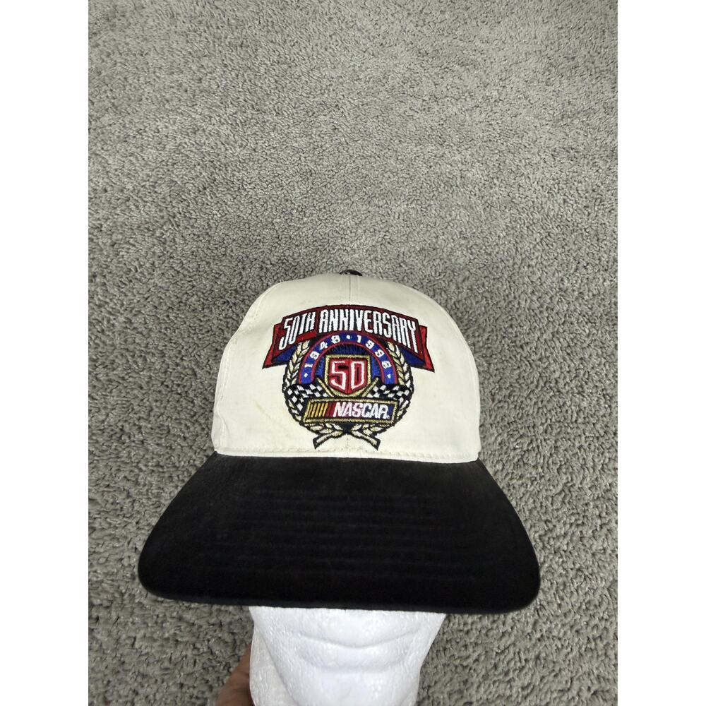 Vintage NASCAR Hat Cap Strap Back Mens One Size White Black 50th Anniversary 90s